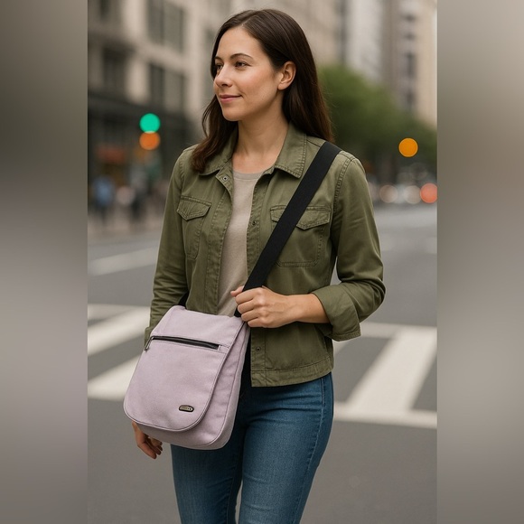 Travelon lilac canvas crossbody messenger bag organizer pockets adjustable strap - Picture 14 of 14